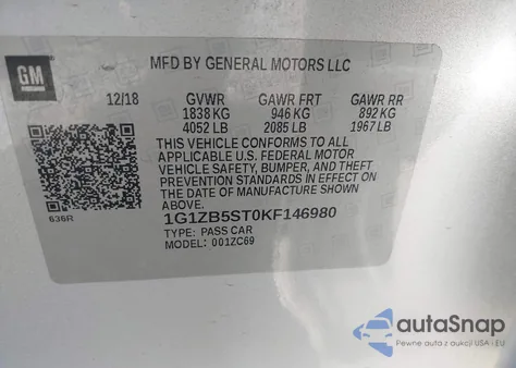 2019 Chevrolet Malibu 1Ls из США, поврежденный, VIN 1G1ZB5ST0KF146980